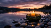 Burning candle in stone bowl on rocky riverbank at sunset with purple sky reflection on calm water creating peaceful meditation atmosphere.