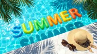 Colorful inflatable letters spelling SUMMER floating in a bright blue swimming pool with a straw hat and sunglasses on the poolside, tropical palm leaves.