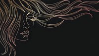 Elegant woman profile with flowing hair in golden line art style on black background for luxury beauty and fashion design projects.