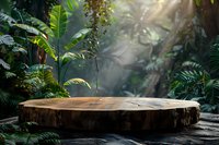 Natural wooden platform surrounded by lush tropical foliage with dramatic sunbeams filtering through dense jungle creating mystical atmosphere.