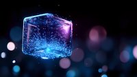 Glowing blue and purple cube with magical particles floating in dark space against blurred bokeh lights background, mystical abstract concept.