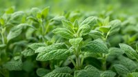 Fresh green mint leaves with water drops growing in garden, macro shot showing detailed leaf texture and natural pattern. Aromatic culinary herb background.