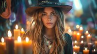 Young blonde woman fortune teller with mystical jewelry and hat surrounded by glowing candles in atmospheric lighting for spiritual and occult themed designs.