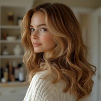 Young Caucasian woman with long wavy blonde balayage hair wearing white knit sweater, natural makeup, soft smile, looking away in modern bright interior setting.