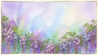 Watercolor wisteria flowers border with purple blooms and green leaves on soft gradient background for spring designs and botanical decorations.
