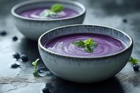 Creamy purple blueberry soup garnished with fresh mint leaves served in ceramic bowls on dark stone background. Fresh summer appetizer or dessert.