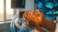 Young male professional holding glowing orange digital sphere with data visualization displays in blurred background, representing technology innovation, artificial intelligence, and business analytics solutions.