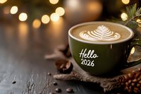 Green coffee cup with Hello 2026 text and latte art surrounded by warm bokeh lights, pine cones and festive decorations for New Year celebration.