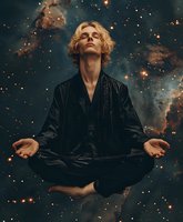 Young Caucasian male with blonde curly hair meditating in lotus position wearing black silk robe against mystical cosmic background with glowing particles and nebula clouds.