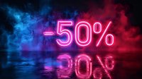 Glowing neon pink "-50%" discount sign with reflection on wet surface against dramatic blue and red smoke background.