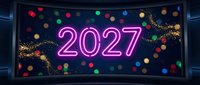 Neon pink 2027 numbers on dark background with colorful bokeh lights and golden sparkles for New Year celebration and party decoration.