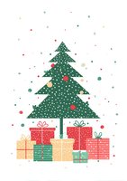 Festive Christmas tree with colorful wrapped presents underneath, surrounded by falling snow and ornaments on white background.