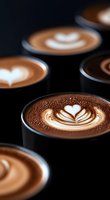 Multiple cups of fresh cappuccino with heart and leaf latte art patterns in black ceramic cups on dark background, selective focus on center cup.
