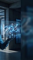 Person in dark gloves interacting with holographic display showing accelerated growth diagram with gears and optimization icons in modern industrial workspace.