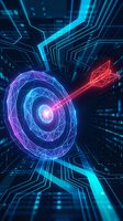 Futuristic digital target with glowing arrow hitting bullseye center in cyberpunk technology environment with neon circuit patterns and data streams.