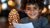 Happy mixed-race child with curly hair holding illuminated pinecone craft during winter holidays, smiling at camera with warm bokeh lights in cozy home background.