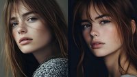Young Caucasian woman with natural makeup and bangs in moody lighting, side profile portraits showing flawless skin and brown hair against dark background.