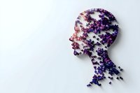 Human head silhouette formed by scattered purple and pink particles on white background, representing consciousness, thoughts and mental health concepts.