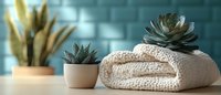 Cozy knitted blanket with succulent plants on wooden table against turquoise wall background creates relaxing home atmosphere. Minimalist interior decor setting.