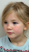 Close-up portrait of young child with blonde hair, blue eyes and freckles wearing light blue sweater with decorative pattern, against neutral background.
