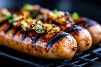 Grilled sausages with caramelized onions and fresh herbs on barbecue grill grates, close-up view showing char marks and juicy texture. Food photography.