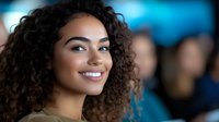 Young African American woman with curly hair and bright smile against blurred blue background, radiating confidence and joy. Professional portrait capturing natural beauty.