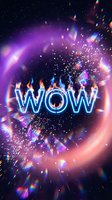 Glowing WOW text with explosive light effects and colorful sparks on cosmic background for celebration and excitement concepts.