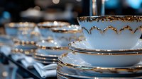 Elegant white porcelain teacups with ornate gold trim stacked on saucers, creating luxurious table setting with soft bokeh background. Suitable for luxury dining concepts.