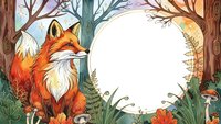 Red fox sitting in enchanted forest clearing with full moon, autumn leaves, mushrooms and woodland plants creating magical fairy tale scene.