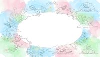 Watercolor Easter frame with hand drawn bunnies and flowers on pastel background. Spring border design for greeting cards and seasonal projects.