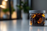 Amber and brown gel capsules in clear glass jar with gray lid on reflective surface, soft bokeh background creates modern pharmaceutical composition.