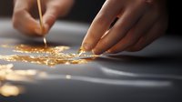 Hands of a person with medium skin tone applying gold leaf decoration onto a dark surface, creating an artistic embellishment effect for luxury design and craft projects.