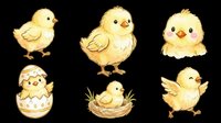 Cute yellow chicks collection isolated on transparent background. Six adorable baby birds in various poses including hatching, standing, and nesting. Ready for clipart, t-shirt design, stickers, print-on-demand products, and sublimation projects.
