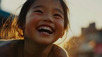 Young Asian girl laughing with pure joy at sunset, backlit with golden sunlight creating a warm rim light effect around her face and hair, capturing authentic childhood happiness.