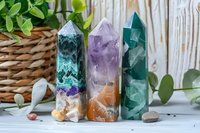 Colorful healing crystal towers with amethyst, fluorite and malachite gemstones arranged on rustic wooden background with green plants for spiritual wellness.