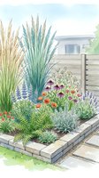 Watercolor garden bed with ornamental grasses, wildflowers and herbs in raised stone planter near wooden fence for landscaping and outdoor design projects.