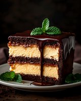 Layered chocolate cake with creamy vanilla filling and dark chocolate ganache topping, decorated with fresh mint leaves on white plate against dark background.