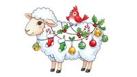 Cute cartoon sheep decorated with Christmas ornaments and holly, red cardinal bird perched on back, festive holiday design for greeting cards and decorations.