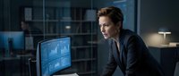 Focused businessman in dark suit analyzing financial data on computer monitor in modern office at night, reviewing charts and graphs for investment analysis and business strategy.