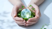 Hands protecting small Earth globe with green plants growing around it symbolizing environmental conservation and sustainable future.