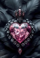Ornate pink diamond heart with silver crown and gems on dark feathered background. Luxury jewelry design for romantic occasions and premium branding concepts.