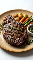 Grilled ribeye steak with roasted potatoes, carrots and asparagus on ceramic plate with herb sauce for fine dining restaurant menu.