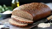Fresh homemade whole grain bread loaf with sesame seeds on wooden cutting board, partially sliced showing soft texture, with ingredients in background.