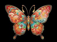 Ornate butterfly with intricate mandala-inspired patterns in warm reds, golds, and teals, isolated on transparent background. Ready for t-shirts, stickers, clipart, and print-on-demand designs.