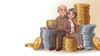 Senior couple sitting together surrounded by stacks of golden and silver coins representing retirement savings and financial security planning.