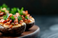 Stuffed portobello mushrooms topped with crispy bacon bits and fresh parsley on dark wooden board against moody background. Food photography.