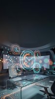 Futuristic office interior with holographic clock displays and digital time management interface for productivity and scheduling applications.