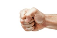 Clenched male fist isolated on white background showing anger, strength, and determination. Ready for design projects and promotional materials.