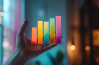 Hand holding colorful glowing bar graph chart showing upward trend against blurred bokeh background, representing business growth and success analytics.