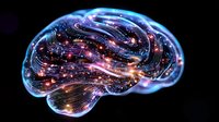 Glowing brain silhouette with blue neon outline and colorful light trails showing neural connections, intelligence and cognitive function on black background.